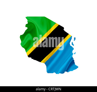 Mappa della Tanzania con sventola bandiera isolato su bianco Foto Stock