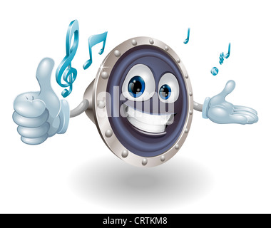 Un felice mascotte altoparlante dando un pollice in alto con note musicali Foto Stock