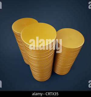 Tre alte pile di vuoto di monete d'oro Foto Stock