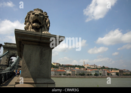 Leone di pietra alla fine del ponte della catena a Budapest, Ungheria Foto Stock