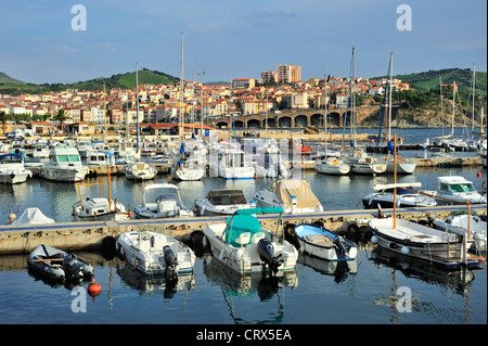 Barche a vela nel porto di banyuls-sur-Mer, Languedoc-Roussillon, Pirenei, Francia Foto Stock