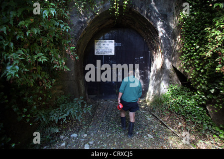 Bob Stewart all'interno della rotaia Spooners Tunnel su Tasmania di grande gusto Trail, Nelson, Nuova Zelanda. Foto Stock