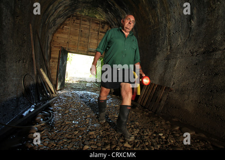 Bob Stewart all'interno della rotaia Spooners Tunnel su Tasmania di grande gusto Trail, Nelson, Nuova Zelanda. Foto Stock