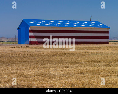 Un rurale Central Valley della California fienile verniciato a stelle e strisce per assomigliare alla bandiera degli Stati Uniti d'America. Foto Stock