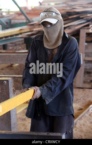 Lavoratore in segheria, lavorazione del legno azienda Santi forestali, Madang provincia di Papua Nuova Guinea Foto Stock