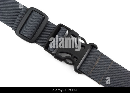 Bloccato in plastica nera fibbia sulla fascetta isolato su bianco Foto Stock