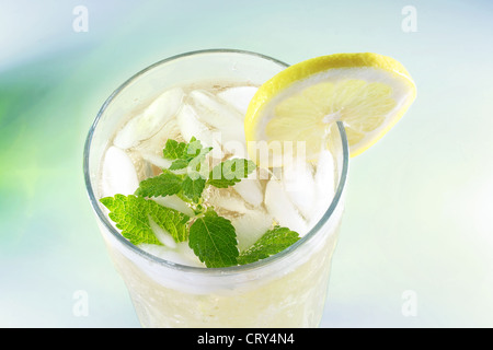 Ice-cold limonata fresca con fetta di limone e melissa (mint) Foto Stock