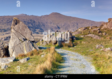 Percorso Rhyd-Ddu di Snowdon montagne, Parco Nazionale di Snowdonia Gwynedd North Wales UK, tarda primavera. Foto Stock