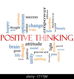 Pensare positivo parola concetto Cloud con grande termini come buona, PMA, mentale, di pensiero, di vita, di ottimismo e di più Foto Stock