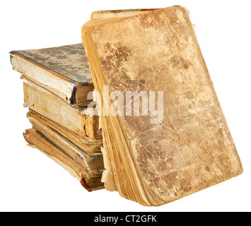 Libri antichi di diversa forma e colore. Isolato su sfondo bianco. Foto Stock