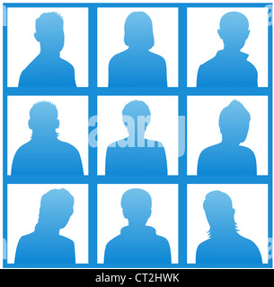 La silhouette di blu di un popolo di avatar su sfondo bianco Foto Stock