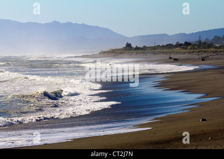 Gli interruttori del Pacifico ha colpito la spiaggia vicino a Oamaru, Nuova Zelanda 2 Foto Stock