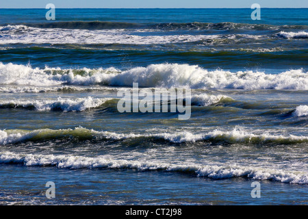 Gli interruttori del Pacifico ha colpito la spiaggia vicino a Oamaru, Nuova Zelanda 6 Foto Stock