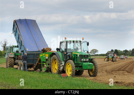 Regno Unito, allevamento commerciale di coltivazione di patate, trattore con piantatrice di patate, rifornimento del trattore piantatrice di patate Norfolk, Regno Unito, maggio Foto Stock