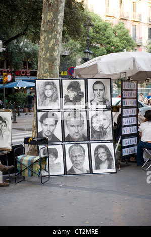 Ritratto di disegni di celebrità da artista di strada sulla rambla BARCELLONA SPAGNA Foto Stock