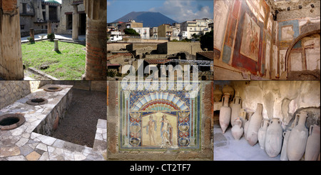 Collage di sei fotografie della antica città romana di Ercolano che è stata sepolta durante l eruzione del Vesuvio. Foto Stock