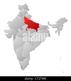 Mappa politico dell'India con i vari Stati in cui Uttar Pradesh è evidenziata. Foto Stock