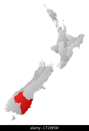Mappa Politico della Nuova Zelanda con le varie regioni di Otago dove viene evidenziato. Foto Stock