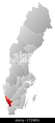 Mappa politica della Svezia con le diverse province dove Halland County è evidenziata. Foto Stock