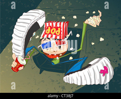 Il bambino era seduto nel cinema di occhiali 3D. Film emotivo visualizzazione. illustrazione. Foto Stock