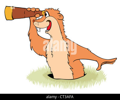 Festa della mamma. Marmotta fa capolino dal suo foro con un telescopio nella sua artigli. illustrazione. Foto Stock