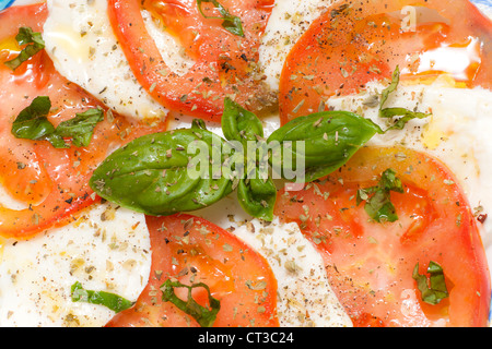 Caprese. Pomodoro e mozzarella con insalata di basilico. Foto Stock