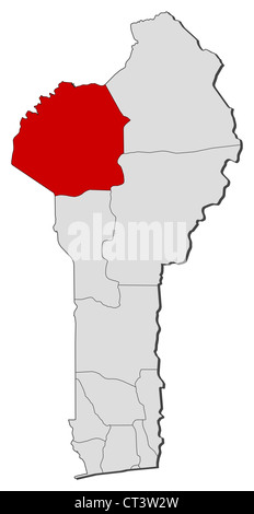 Mappa politica del Benin con i diversi dipartimenti in cui Atakora è evidenziata. Foto Stock