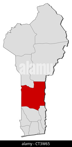 Mappa politica del Benin con i diversi dipartimenti in cui Collines è evidenziata. Foto Stock