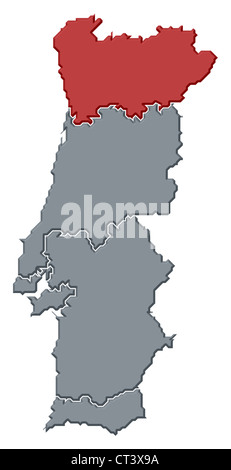 Mappa politica del Portogallo con le diverse regioni in cui la regione Norte è evidenziata. Foto Stock