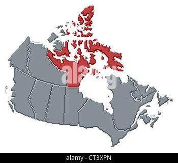 Mappa politico del Canada con le diverse province dove Nunavut è evidenziata. Foto Stock