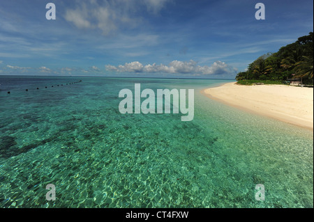 La Malesia, Borneo, Semporna arcipelago, Sipadan, idilliaca spiaggia con sabbia bianca e trasparente acqua turchese Foto Stock