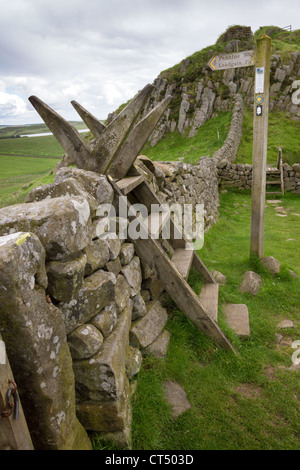 Cartello in legno per la Pennine Way al roccioso del Lough. La stile attraversa il vallo di Adriano. Foto Stock