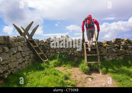 Un escursionista attraversa un stile sul Muro di Adriano a piedi sul costone del Lough in Northumberland, Inghilterra, Regno Unito. Foto Stock