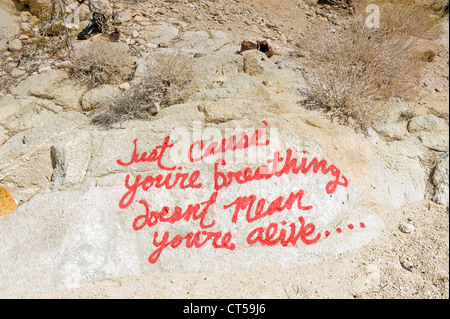 Coperto di graffiti rocce nel deserto di Mojave, California, Stati Uniti d'America. "Solo perché sei la respirazione non significa che tu sei vivo.....' Foto Stock