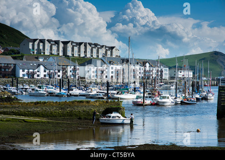 Un pomeriggio d'estate, blocchi di appartamenti si affaccia su barche e yacht ormeggiati a Aberystwyth harbour marina, Wales UK Foto Stock