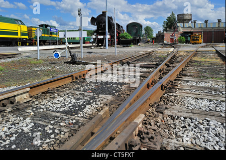 I binari della ferrovia su traversine di legno presso il deposito di Chemin de Fer à Vapeur des Trois Vallées a Mariembourg, in Belgio Foto Stock