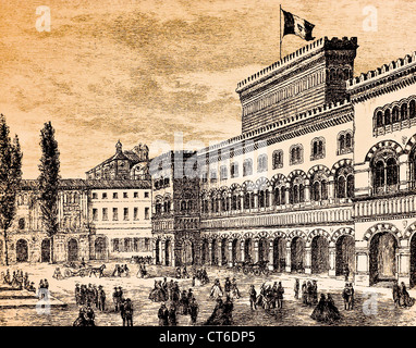 La facciata del palazzo del parlamento provvisorio del Regno d'Italia, eretto nel 1861 in Piazza Carlo Alberto a Torino Foto Stock
