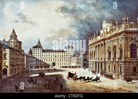 Torino vista di Piazza Castello Litografia a colori di Enrico Gonin e progettato da Nicolas Chapuy. Torino Bracciarini 1852 Foto Stock