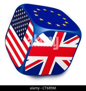 Dadi con le bandiere della Unione europea, Regno Unito e Stati Uniti d'America su ciascuna delle sue fiancate. Sfondo bianco tagliato fuori Foto Stock