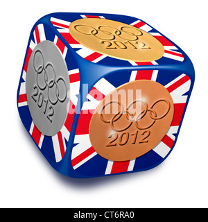Unione jack dice con oro, argento e bronzo 20112 medaglie olimpiche su ciascuna faccia. Sfondo bianco Foto Stock