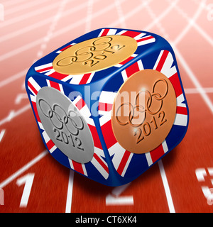 Unione jack dice con oro, argento e bronzo 20112 medaglie olimpiche su ciascuna faccia su una pista di atletica Foto Stock