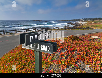 CALIFORNIA 17 miglia strada segno sulla favolosa strada panoramica della costa attraverso Pacific Grove e Pebble Beach sulla penisola di Monterey California USA Foto Stock