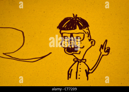 Un nero penned freckled boy personaggio dei fumetti con gli occhiali disegnati su un bagno parete di stallo. Foto Stock