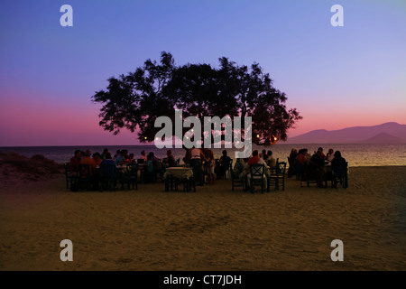 Taverna sulla spiaggia di Maragas, Naxos, Grecia, sotto tamerici al tramonto Foto Stock