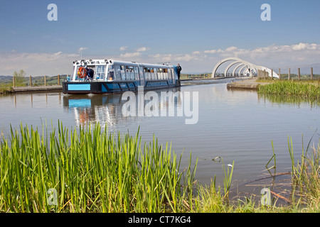 Barca al top di Falkirk Wheel con vegetazione in primo piano Foto Stock