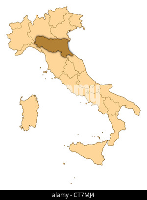 Mappa di Italia dove Emilia Romagna è evidenziata. Foto Stock