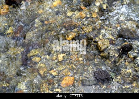 Ciottoli Colouful visibile sotto lo strato trasparente di acqua chiara Foto Stock