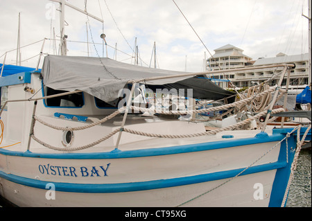 Peschereccio ormeggiato a Cairns marina di fronte al molo edificio in Cairns, estremo Nord Queensland Foto Stock