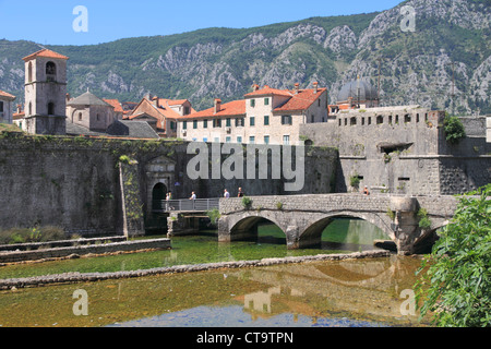 Montenegro Cattaro, alle mura della vecchia città & gate sul fiume Foto Stock