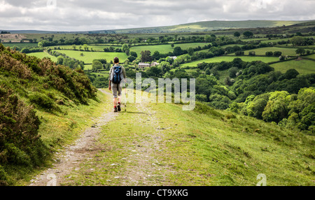 Il camminatore femmina su una traccia approssimativa sulle due mori modo vicino Aish Tor su southern Dartmoor Devon Regno Unito Foto Stock